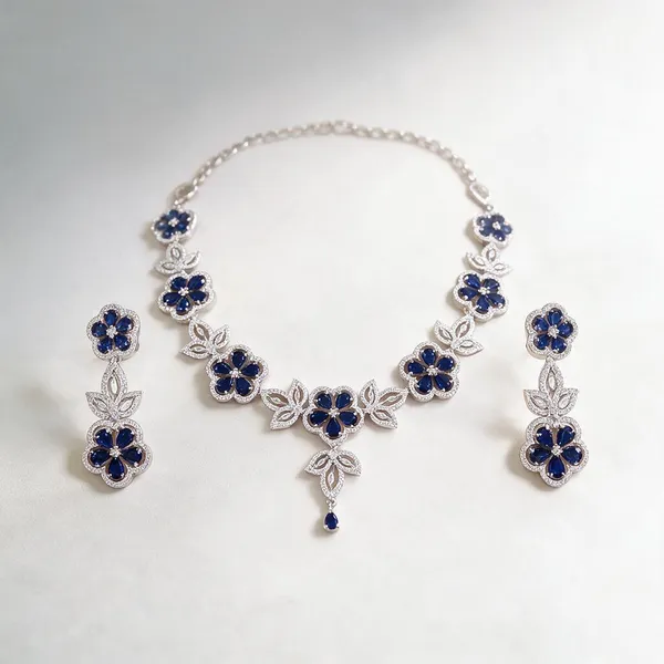 Blue_Floral_Alloy_Necklace_And_Earrings_Set_For_Women