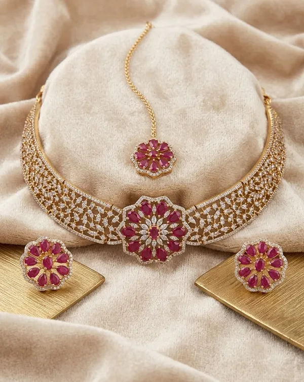 Gold_Pink_Floral_Stone_Alloy_Necklace_Set_For_Women