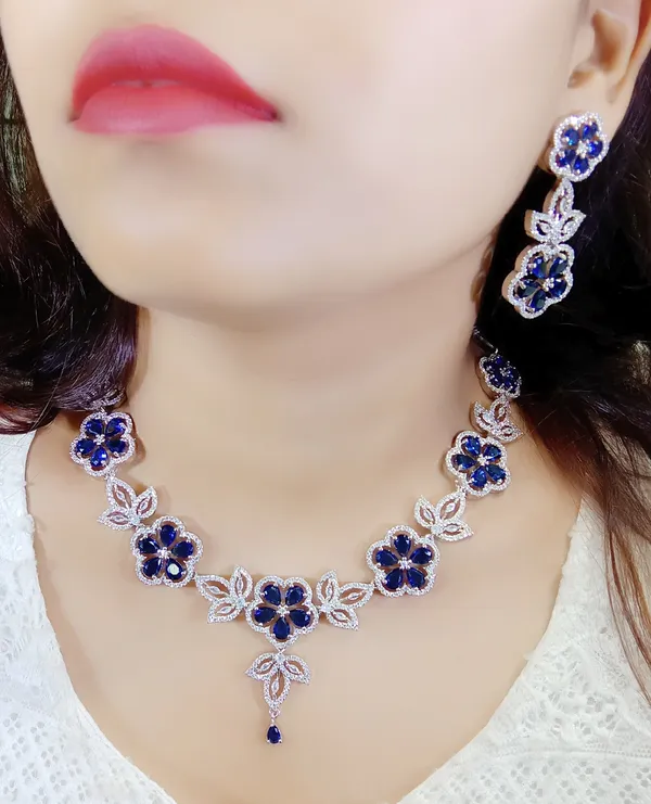 Blue_Floral_Alloy_Necklace_And_Earrings_Set_For_Women