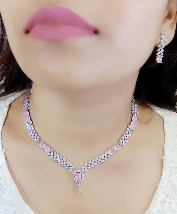 Silver_And_Pink_Alloy_Stone_Necklace_Set_For_Women