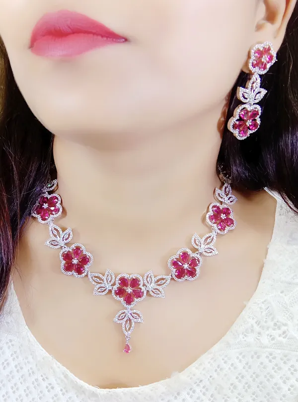 Pink_Alloy_Floral_Necklace_And_Earring_Set_For_Women