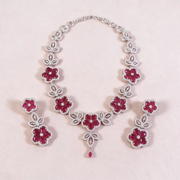 Pink_Alloy_Floral_Necklace_And_Earring_Set_For_Women