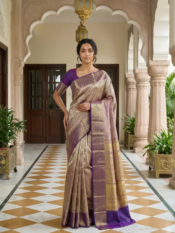 Antique_Gold_Kanchipuram_Inspired_Semi_Silk_Saree_With_Wide_Contrast_Border