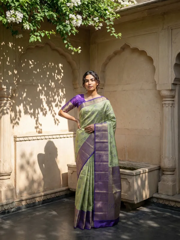 Lime_Green_Kanchipuram_Inspired_Semi_Silk_Saree_With_Wide_Contrast_Border