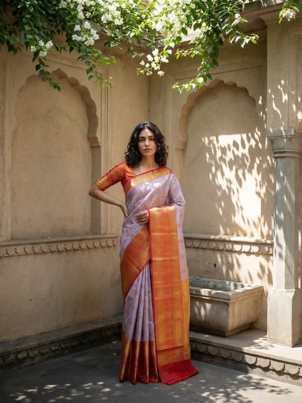 Lavender_Gold_Dharmavaram_Inspired_Semi_Silk_Saree_With_Wide_Contrast_Border