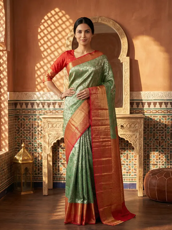 Aqua_Blue_Gadwal_Inspired_Semi_Silk_Saree_With_Wide_Contrast_Border