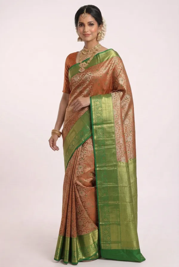 Parrot_Green_Dharmavaram_Inspired_Semi_Silk_Saree_With_Coral_Brocade_Pallu