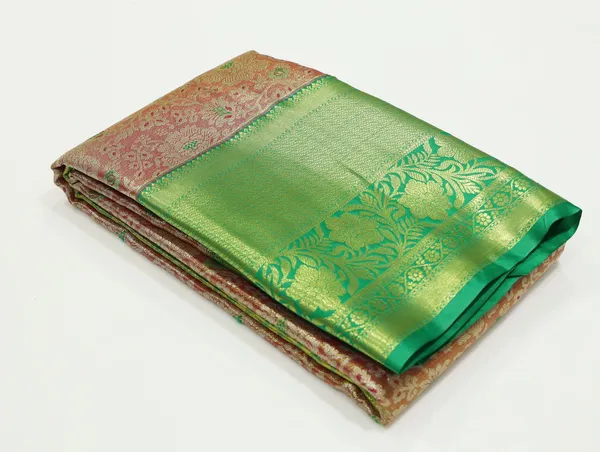 Parrot_Green_Dharmavaram_Inspired_Semi_Silk_Saree_With_Coral_Brocade_Pallu