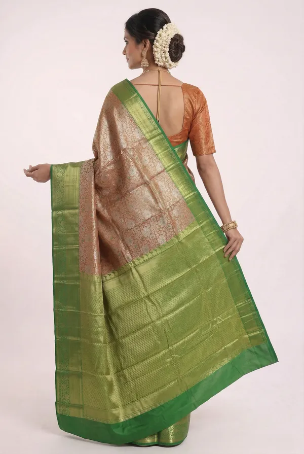 Parrot_Green_Dharmavaram_Inspired_Semi_Silk_Saree_With_Coral_Brocade_Pallu