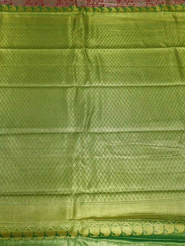Parrot_Green_Dharmavaram_Inspired_Semi_Silk_Saree_With_Coral_Brocade_Pallu