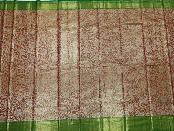 Parrot_Green_Dharmavaram_Inspired_Semi_Silk_Saree_With_Coral_Brocade_Pallu