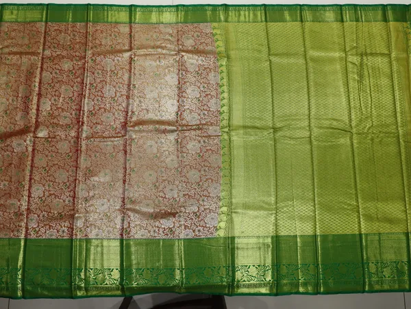 Parrot_Green_Dharmavaram_Inspired_Semi_Silk_Saree_With_Coral_Brocade_Pallu