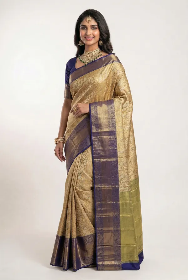 Antique_Gold_Kanchipuram_Inspired_Semi_Silk_Saree_With_Royal_Blue_Wide_Border