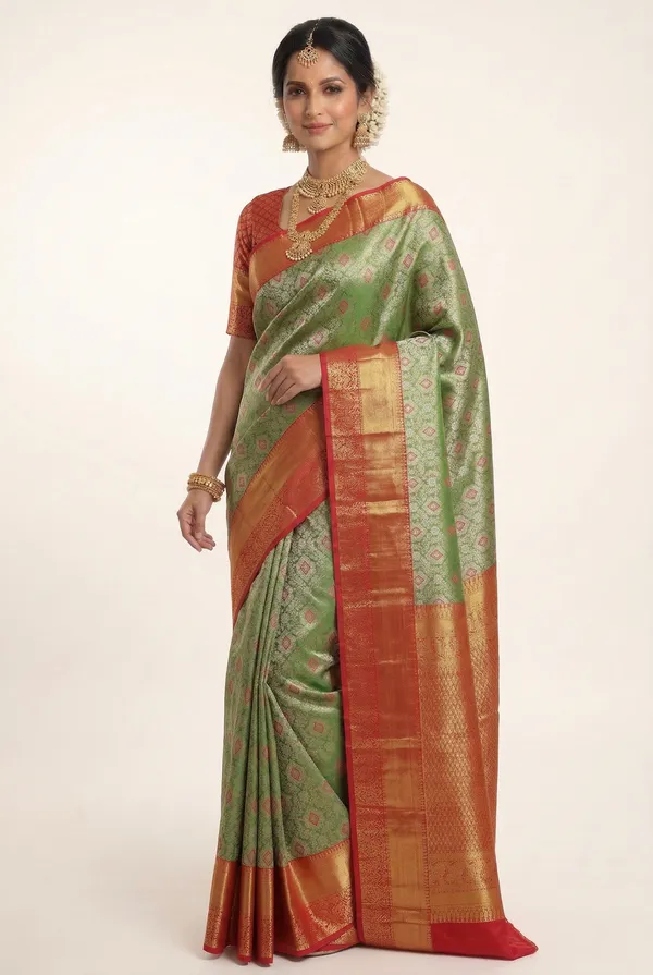 Olive_Green_Kanchipuram_Inspired_Semi_Silk_Saree_With_Wide_Contrast_Border