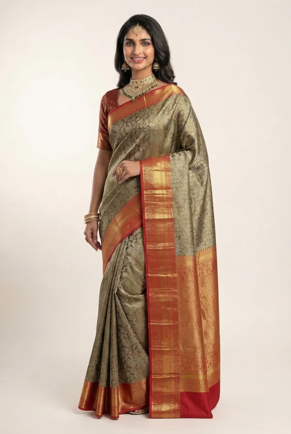 Olive_Grey_Gadwal_Inspired_Semi_Silk_Saree_With_Wide_Contrast_Border