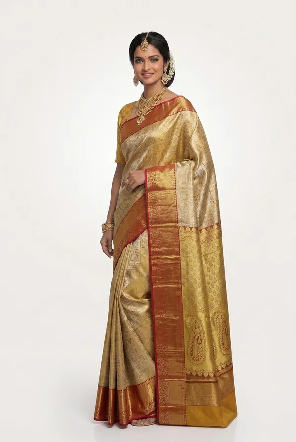 Antique_Gold_Kanchipuram_Inspired_Semi_Silk_Saree_With_Wide_Contrast_Border