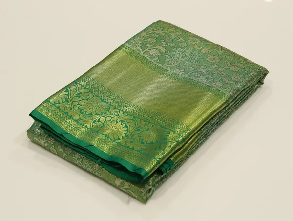 Grey_Gold_Mysore_Inspired_Semi_Silk_Saree_With_Royal_Blue_Contrast_Border