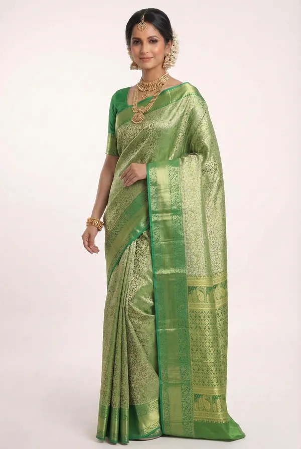 Emerald_Green_Gadwal_Inspired_Semi_Silk_Saree_With_Wide_Contrast_Border