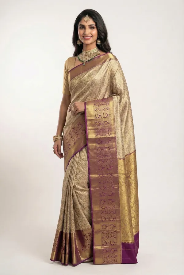 Peach_Orange_Kanchipuram_Inspired_Semi_Silk_Saree_With_Wide_Contrast_Border