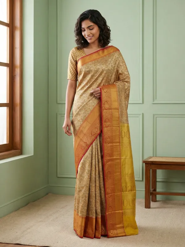 Cream_Gold_Kanchipuram_Inspired_Semi_Silk_Saree_With_Wide_Contrast_Border