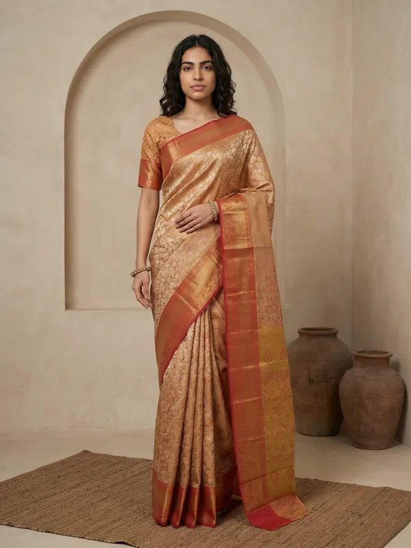 Peach_Orange_Uppada_Inspired_Semi_Silk_Saree_With_Contrast_Border
