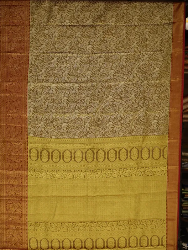Olive_Green_Gadwal_Inspired_Semi_Silk_Saree_With_Contrast_Border