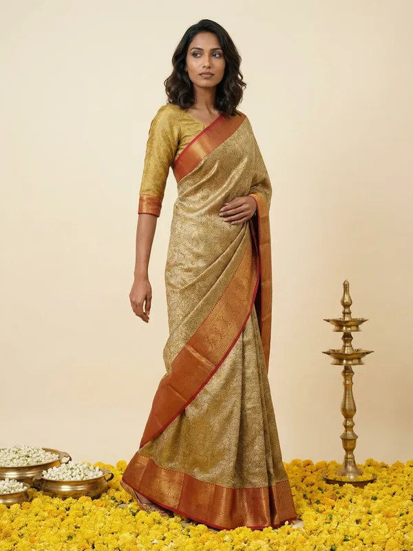 Olive_Green_Gadwal_Inspired_Semi_Silk_Saree_With_Contrast_Border