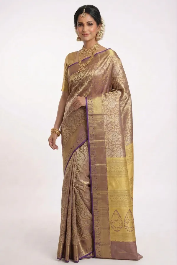 Mustard_Yellow_Kanchipuram_Inspired_Semi_Silk_Saree_With_Contrast_Border