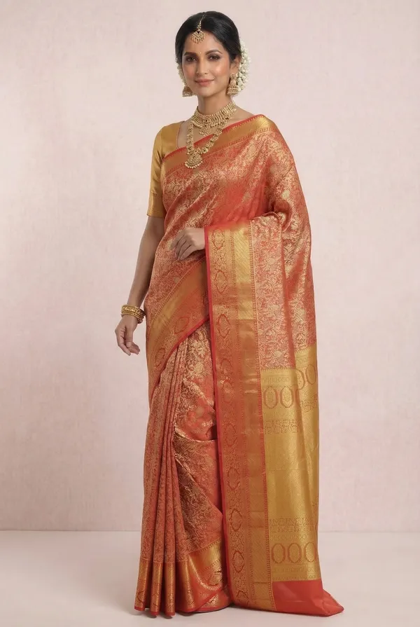 Coral_Red_Kanchipuram_Inspired_Semi_Silk_Saree_With_Wide_Self_Border