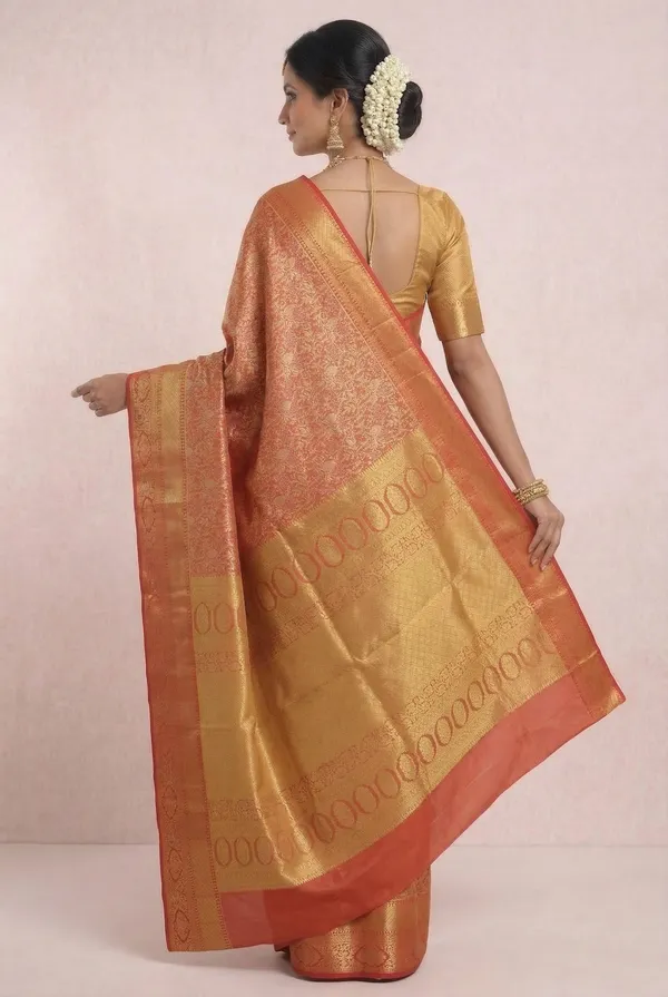 Coral_Red_Kanchipuram_Inspired_Semi_Silk_Saree_With_Wide_Self_Border