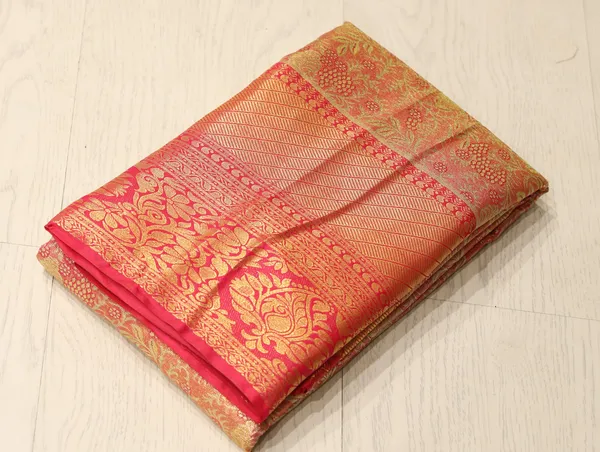 Coral_Red_Kanchipuram_Inspired_Semi_Silk_Saree_With_Wide_Self_Border