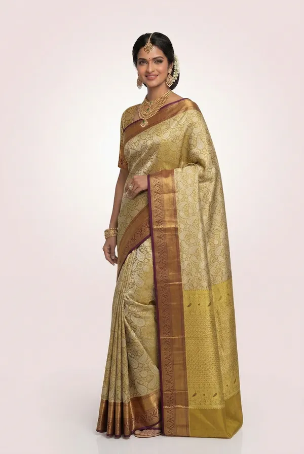 Olive_Green_Gadwal_Inspired_Semi_Silk_Saree_With_Wide_Contrast_Border