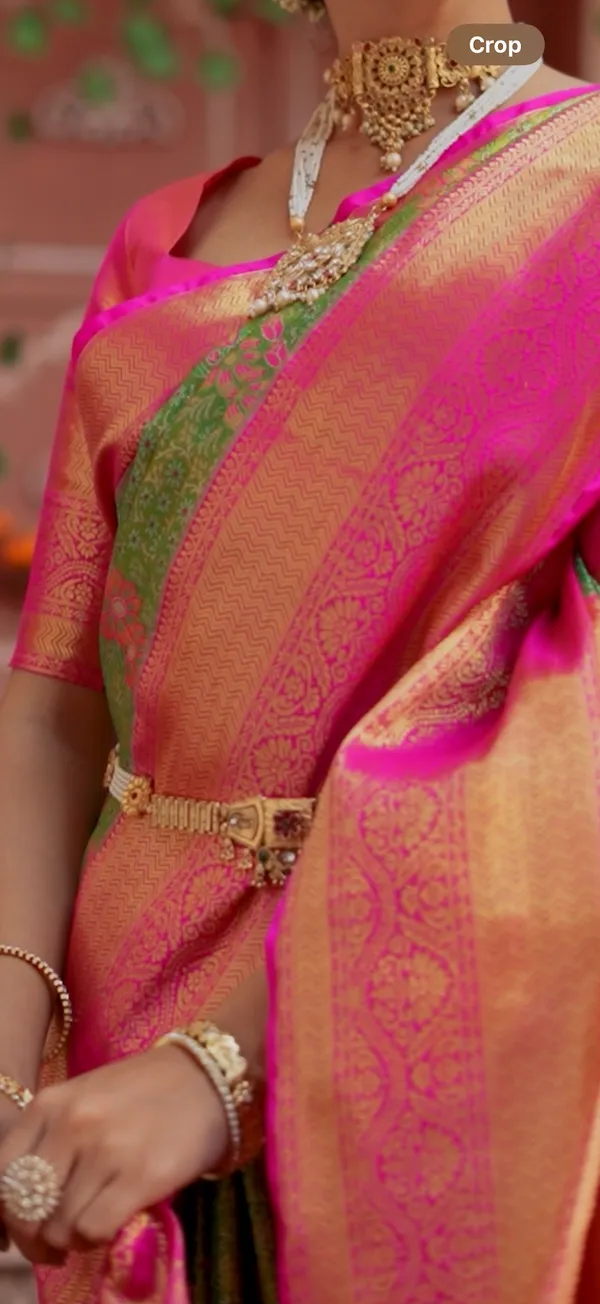 Pink_&_Bottle_Green_Kanchipuram_Inspired_Semi_Silk_Saree_With_Zari_Butta_&_Rich_Gold_Pallu