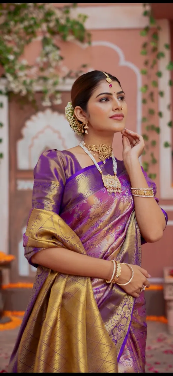 Royal_Purple_Kanchipuram_Semi_Silk_Saree_With_Floral_Zari_Brocade_&_Antique_Gold_Border