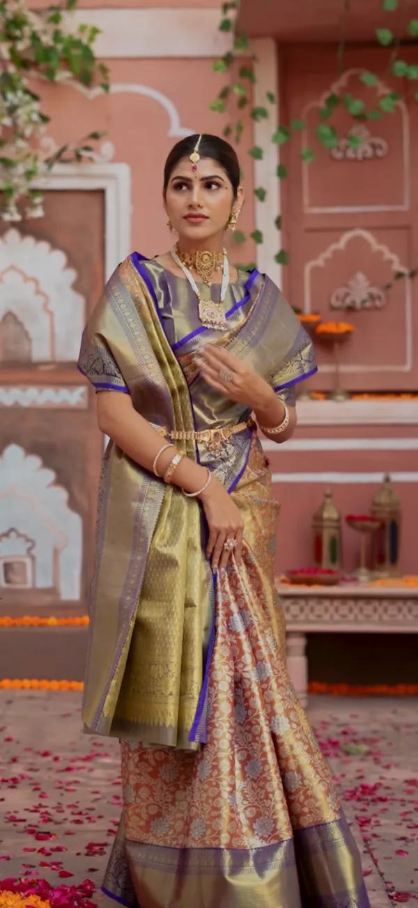 Olive_Gold_&_Royal_Blue_Gadwal_Inspired_Semi_Silk_Saree_With_Brocade_Pleats_&_Rich_Zari_Pallu