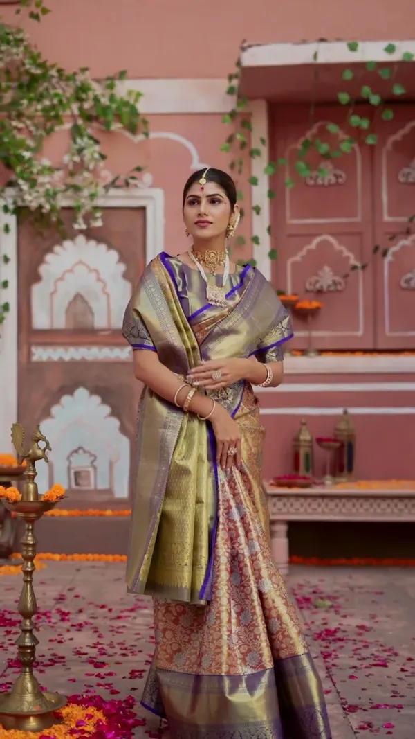 Olive_Gold_&_Royal_Blue_Gadwal_Inspired_Semi_Silk_Saree_With_Brocade_Pleats_&_Rich_Zari_Pallu