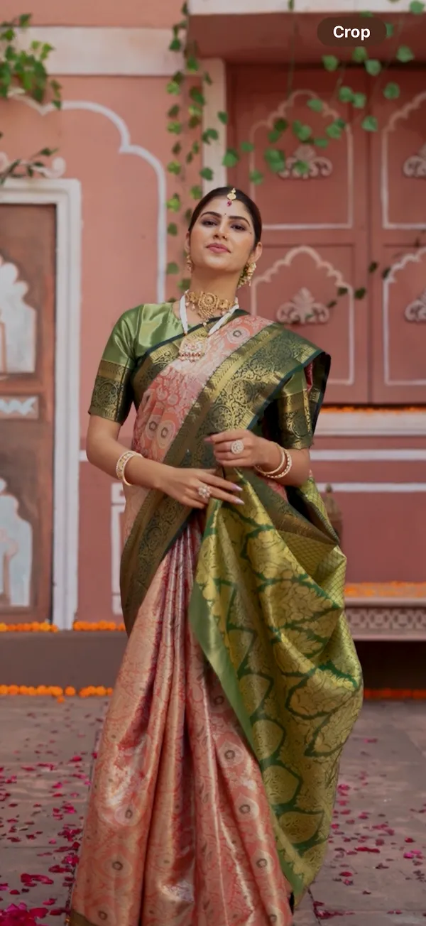 Parrot_Green_&_Peach_Kanchipuram_Inspired_Semi_Silk_Saree_With_Floral_Zari_Brocade_&_Temple_Border