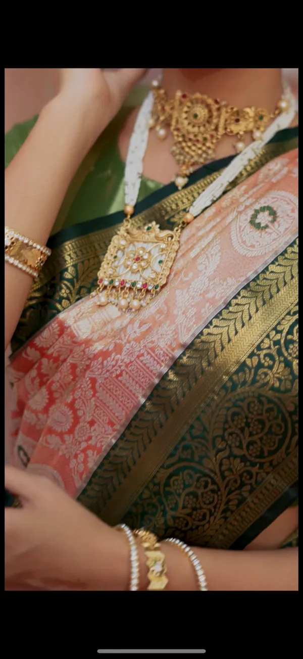 Parrot_Green_&_Peach_Kanchipuram_Inspired_Semi_Silk_Saree_With_Floral_Zari_Brocade_&_Temple_Border