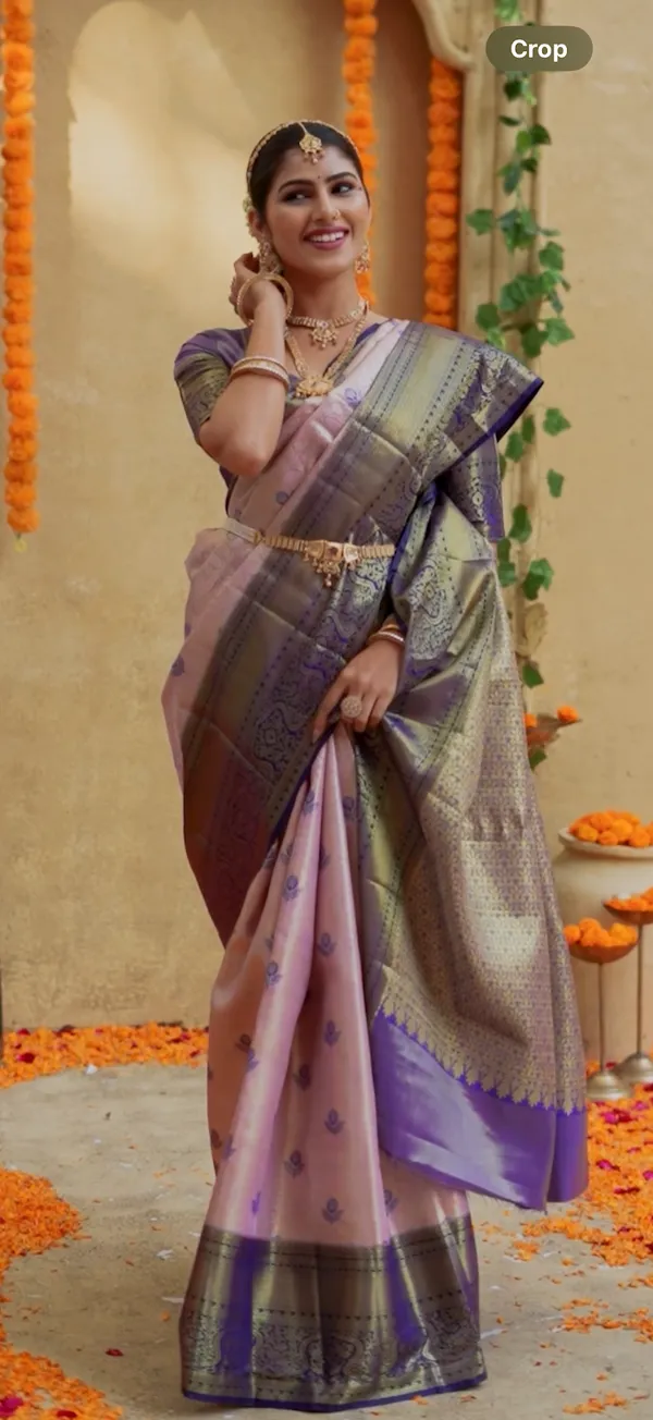 Blush_Pastel_Pink_&_Royal_Blue_Kanchipuram_Semi_Silk_Saree_With_Zari_Butta_&_Contrast_Border