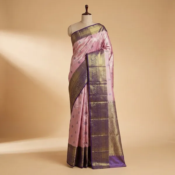 Blush_Pastel_Pink_&_Royal_Blue_Kanchipuram_Semi_Silk_Saree_With_Zari_Butta_&_Contrast_Border