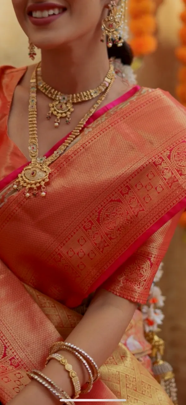 Warm_Orange_&_Rani_Pink_Kanchipuram_Inspired_Semi_Silk_Saree_With_Floral_Brocade_&_Rich_Gold_Pallu