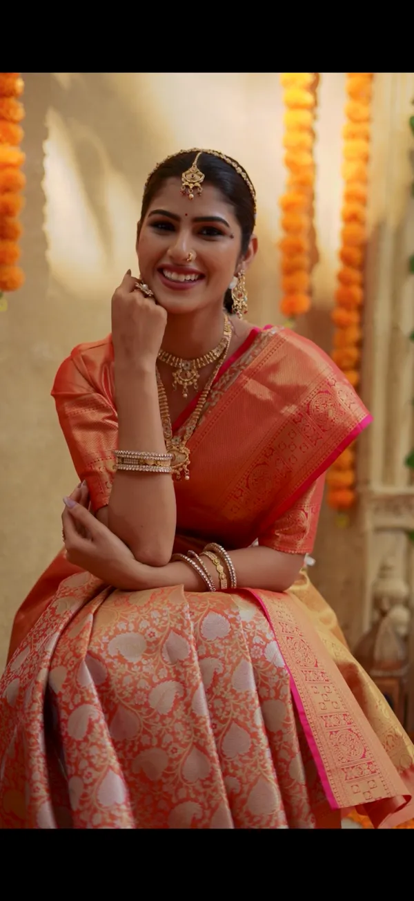Warm_Orange_&_Rani_Pink_Kanchipuram_Inspired_Semi_Silk_Saree_With_Floral_Brocade_&_Rich_Gold_Pallu