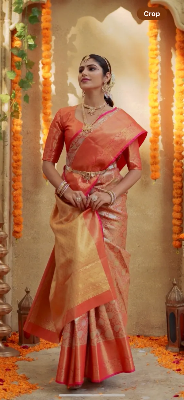 Warm_Orange_&_Rani_Pink_Kanchipuram_Inspired_Semi_Silk_Saree_With_Floral_Brocade_&_Rich_Gold_Pallu