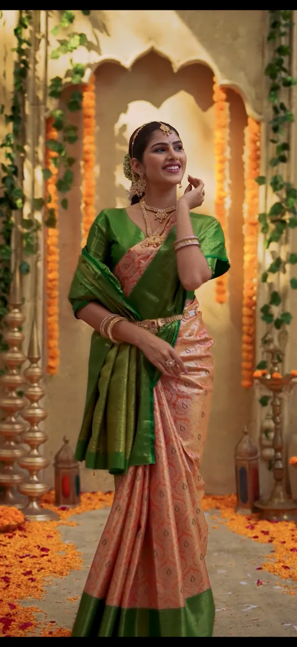 Leaf_Green_&_Peach_Kanchipuram_Inspired_Semi_Silk_Saree_With_Floral_Brocade_&_Zari_Border