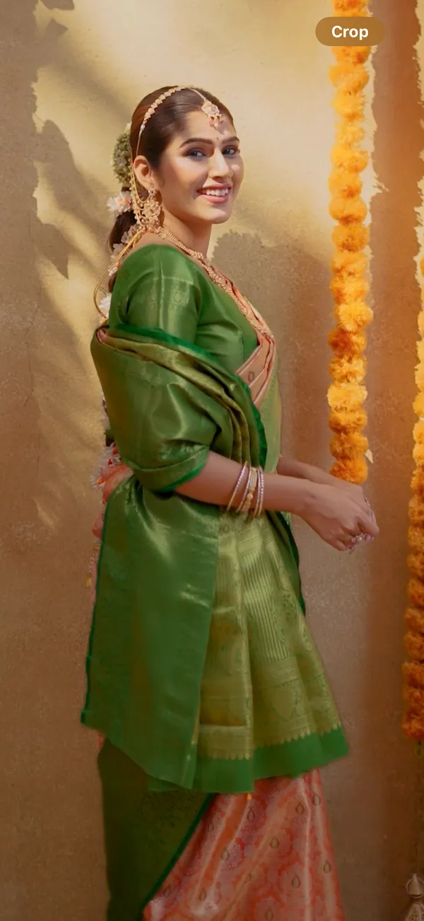 Leaf_Green_&_Peach_Kanchipuram_Inspired_Semi_Silk_Saree_With_Floral_Brocade_&_Zari_Border