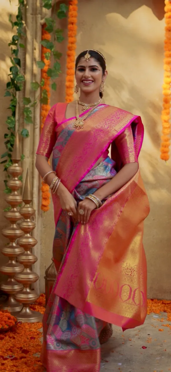 Rani_Pink_&_Sunset_Orange_Kanchipuram_Inspired_Semi_Silk_Saree_With_Floral_Zari_Brocade_&_Gold_Pallu