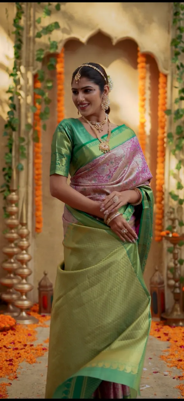 Parrot_Green_&_Rose_Pink_Kanchipuram_Inspired_Semi_Silk_Saree_With_Floral_Brocade_&_Zari_Border