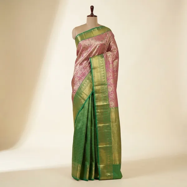 Parrot_Green_&_Rose_Pink_Kanchipuram_Inspired_Semi_Silk_Saree_With_Floral_Brocade_&_Zari_Border