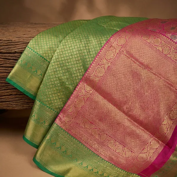 Parrot_Green_&_Rose_Pink_Kanchipuram_Inspired_Semi_Silk_Saree_With_Floral_Brocade_&_Zari_Border