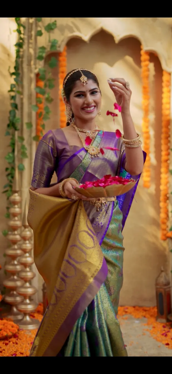 Emerald_Green_&_Royal_Purple_Kanchipuram_Inspired_Semi_Silk_Saree_With_Zari_Motifs_&_Gold_Pallu